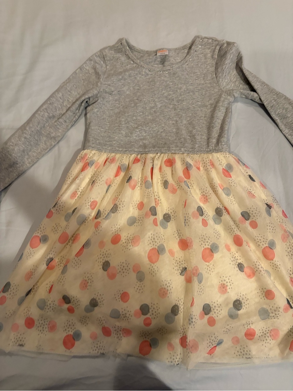Gymboree Gray Knit Bodice Cream Tulle Skirt Dress with Pink and Gray Dots